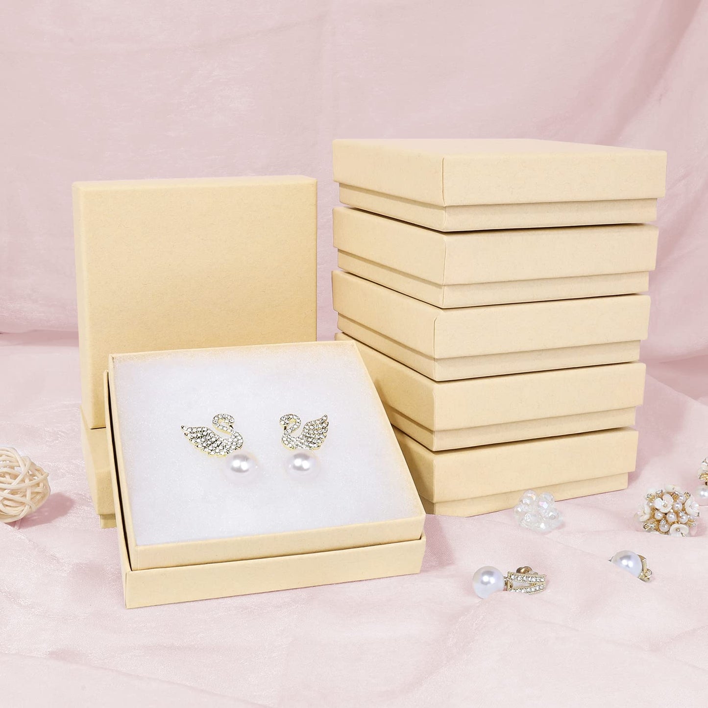 batifine Cardboard Jewelry Gift Boxes, 20 Pack 3.5x3.5x1 Inch, Bulk Cotton Filled Small Jewelry Boxes with Lids for Necklace Ring Bracelet Earring Display Box (Brown)