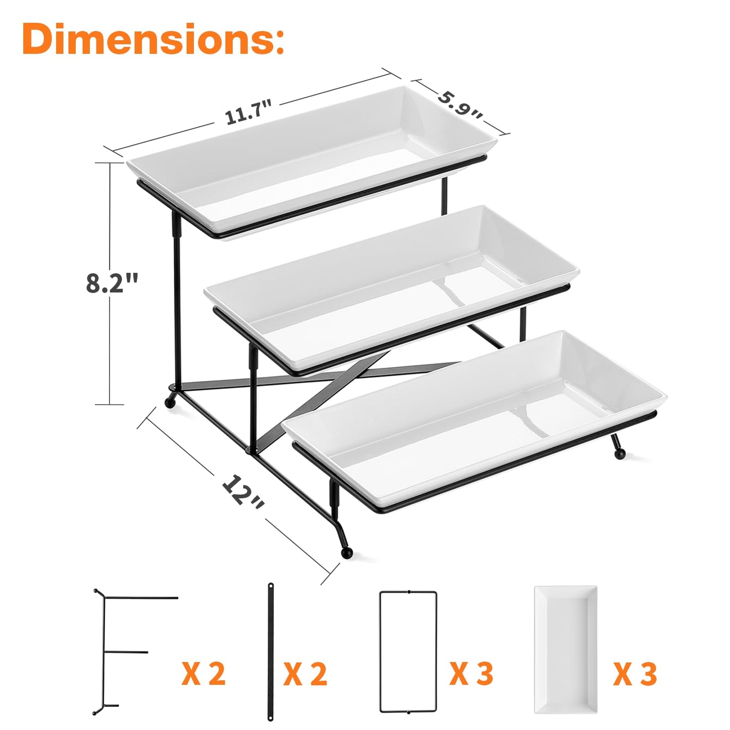3 Tier Serving Tray Set, 12" Tiered Serving Trays Platters, Reusable Serving Tray for Party, Collapsible Sturdier Stand with Stable Cross Bars, Serving Platters for Veggie, Fruit, Dessert
