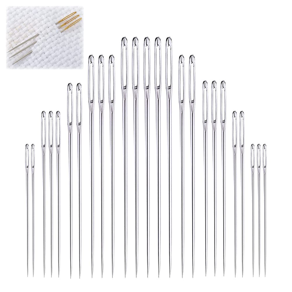 Large Eye Sewing Needles, Embroidery Needles, Stainless Steel, 50 Pieces Sharp Needles with Wooden Needle Case Carving Pattern