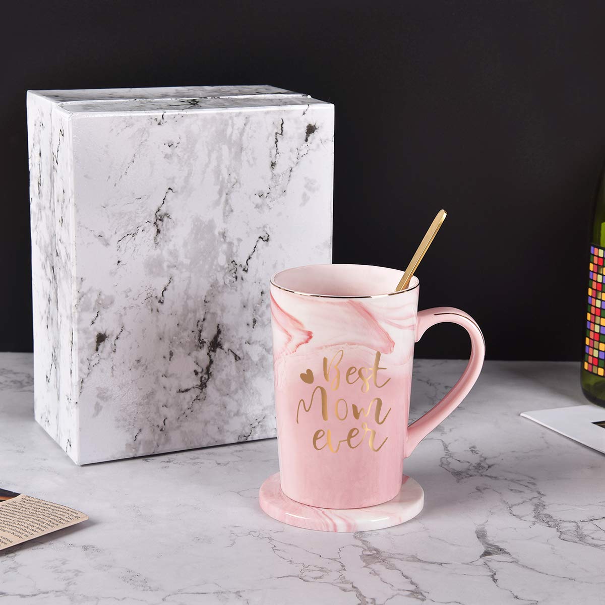 YHRJWN Mothers Day Gifts for Mom, Best Mom Ever Coffee Mug, Mom Mothers Day Gifts from Daughter Son, Moms Gift Idea for Birthday, Valentines Day, Present for Moms Mothers, 14 Oz Pink