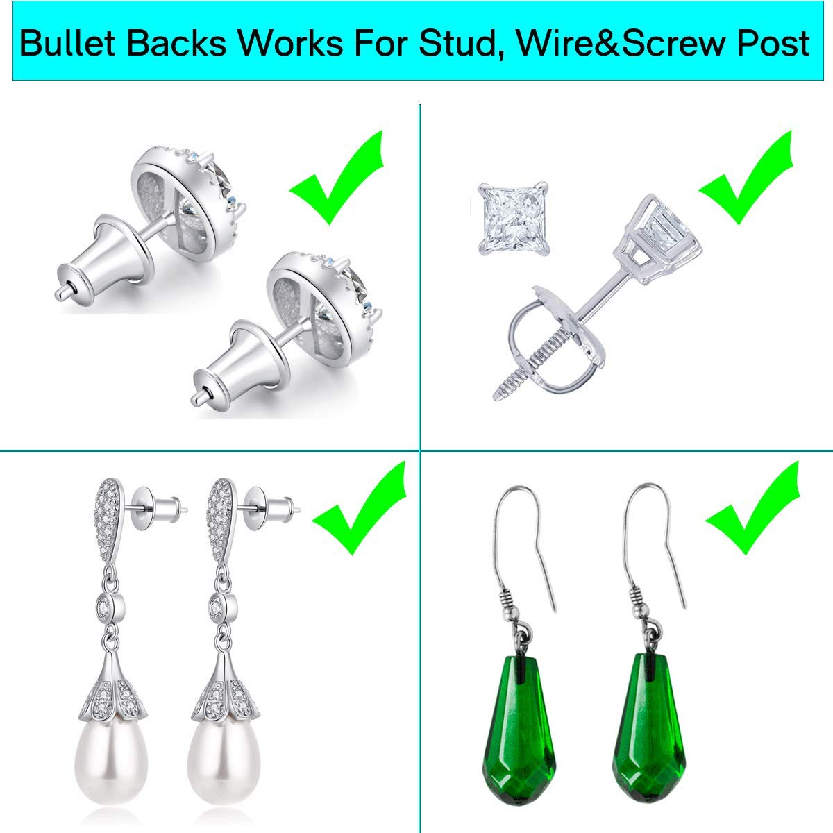 Catinee 2 Pairs Sterling Silver Stud Earring Backs, Hypoallergenic, Secure Locking