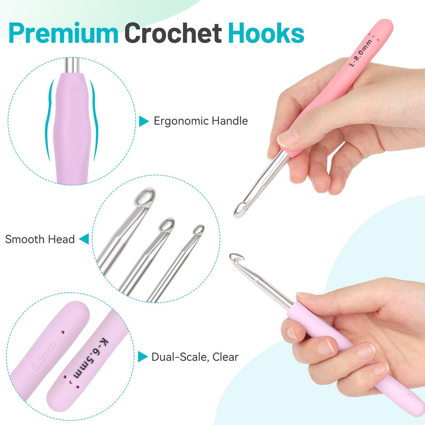 Coopay Crochet Hooks Set with Case, 12 Size Ergonomic Crochet Needles for Beginner Adult Arthritic Hands, 2mm(B)-8mm(L) Extra Long Knitting Hook for Crocheting Yarn- Great DIY Craft Christmas Gift