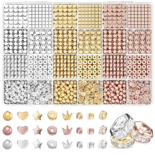 ARTDOT 1740 Pieces Gold Beads for Friendship Bracelets Making Kit, 8 Shapes Organized Jewelry Making Supplies Spacer Beads Set with Rhinestones Crafts Gifts for Teen Girls Ages 6 7 8 9 10 11 12