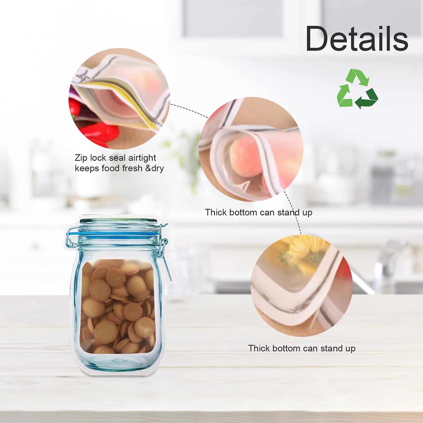 Enkrio 20 Pack Mason Jar Zipper Bags, Reusable Snack Food Storage Bags for Kitchen Sandwich Picnic Organizer