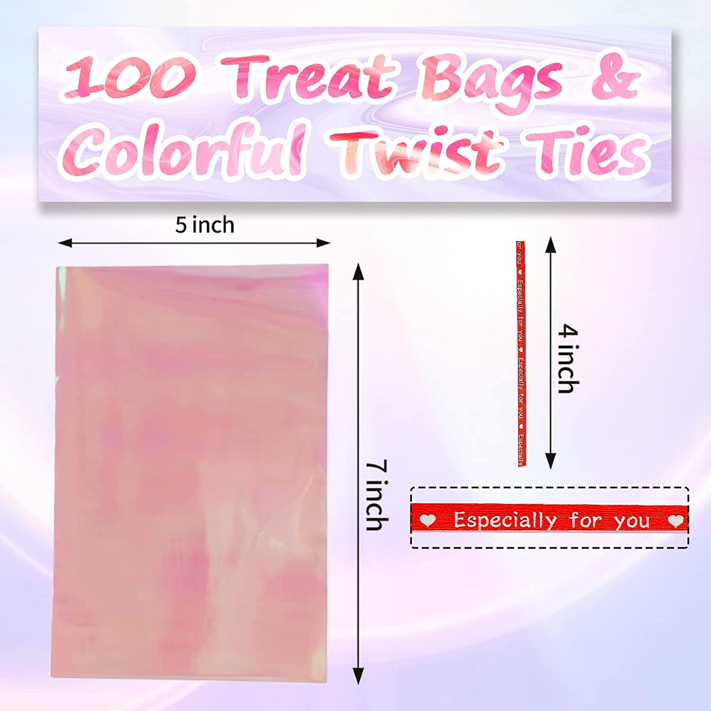 Ctoiotc Easter Cellophane Treat Bags,5x7 Inch Iridescent Holographic Candy Goodie Bags with 5 Colors Pieces Twist Ties for Birthday Party Favors, Easter, Weddings, Christmas, Valentines