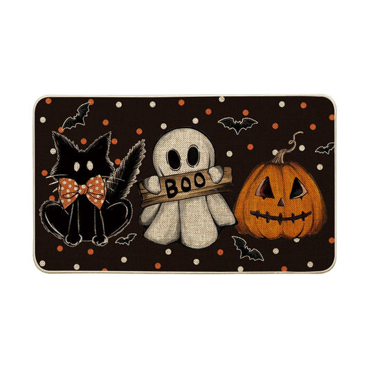 Artoid Mode Black Cat Jack-O'-Lantern Ghost Pumpkins Halloween Doormat, Seasonal Low-Profile Floor Switch Mat for Indoor Outdoor 17x29 Inch