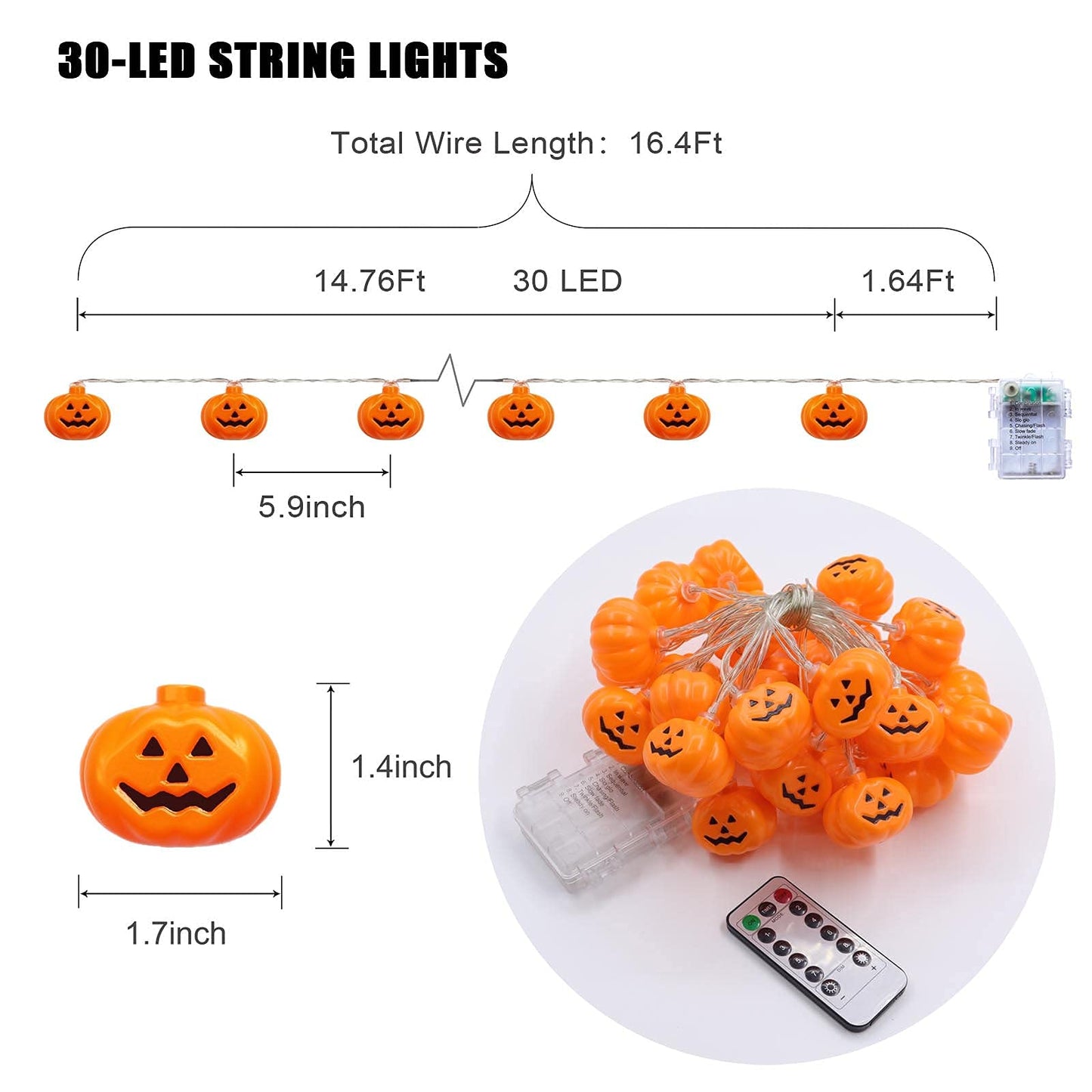 Runleo Halloween Pumpkin String Lights, 30 LED 16.4 FT 8 Modes Timer 3D Waterproof Orange Jack-O-Lantern Battery Operated Decorative Twinkle Lights for Indoor Bedroom Camper Decor Party Decorations