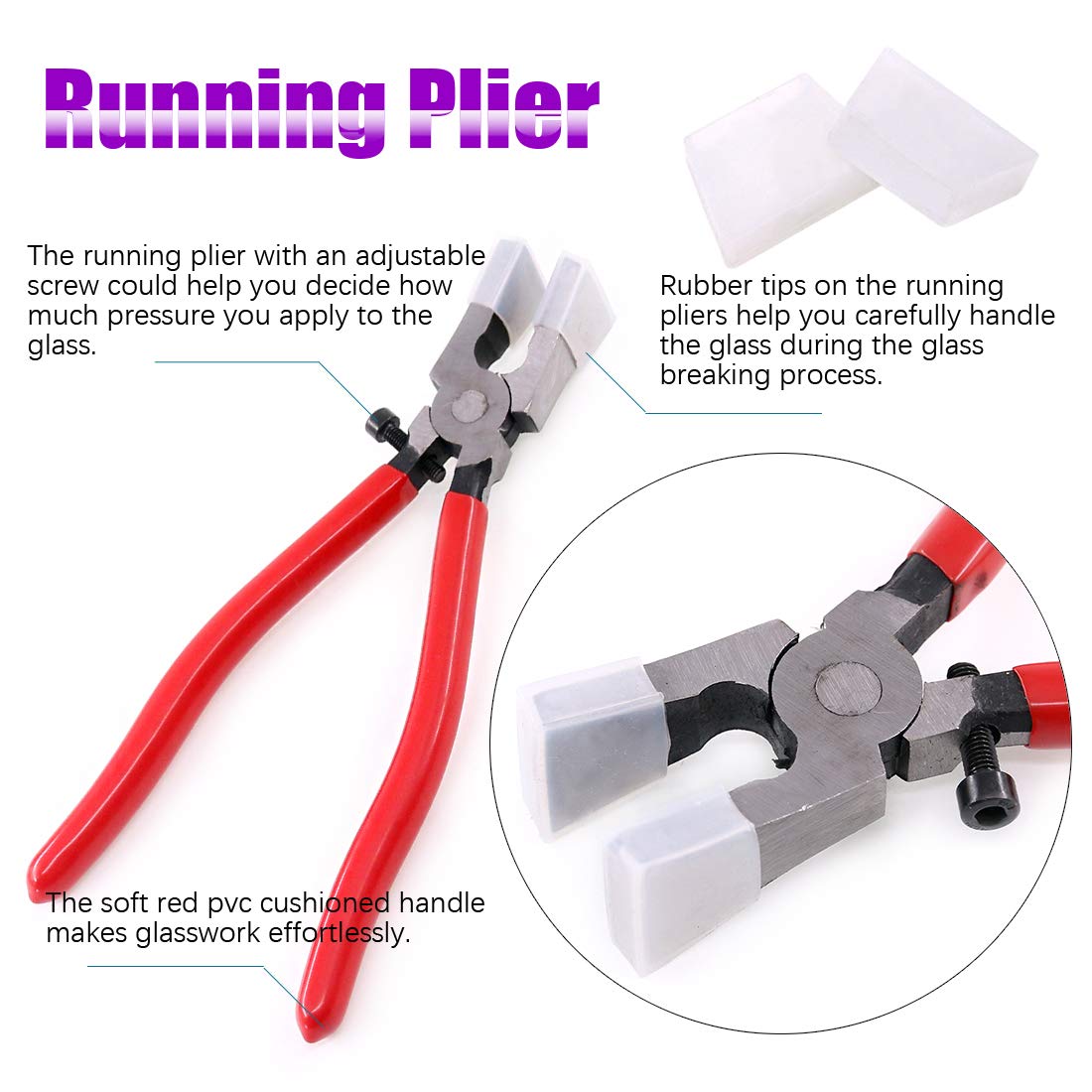 3Pcs Heavy Duty Glass Running Pliers, Breaker Grozer Pliers and Grip Oil Feed Glass Cutter Kit, Professional Stained Glass Cutting Tool with Extra Rubber Tips Perfect for Stained Glass Work