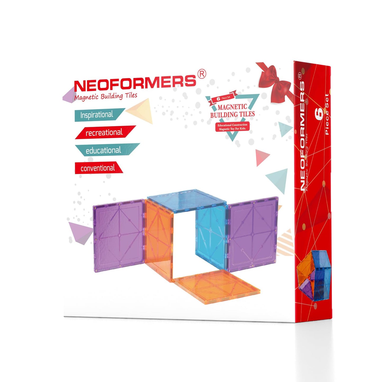 NEOFORMERS 6 Piece Magnetic Tiles Set Large Square Shape Magnet Building Block Construction Toy STEM Learning Kit Educational Playset Playboard (NF-06 Set)