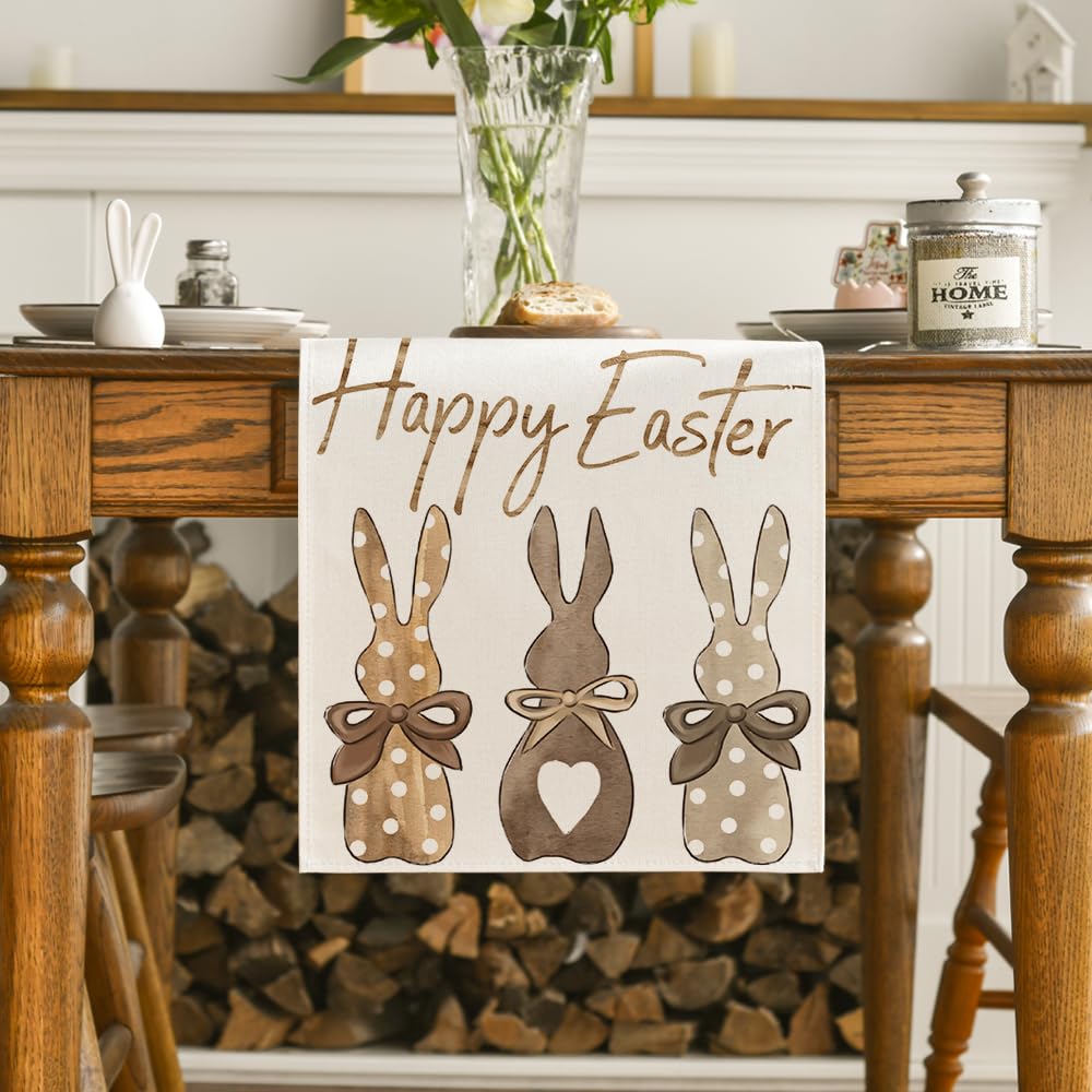 Carrots Rabbit Bunny Happy Easter Table Runner, Spring Summer Seasonal Holiday Kitchen Dining Table Decoration for Indoor Outdoor Home Party Decor 13 x 36 Inch