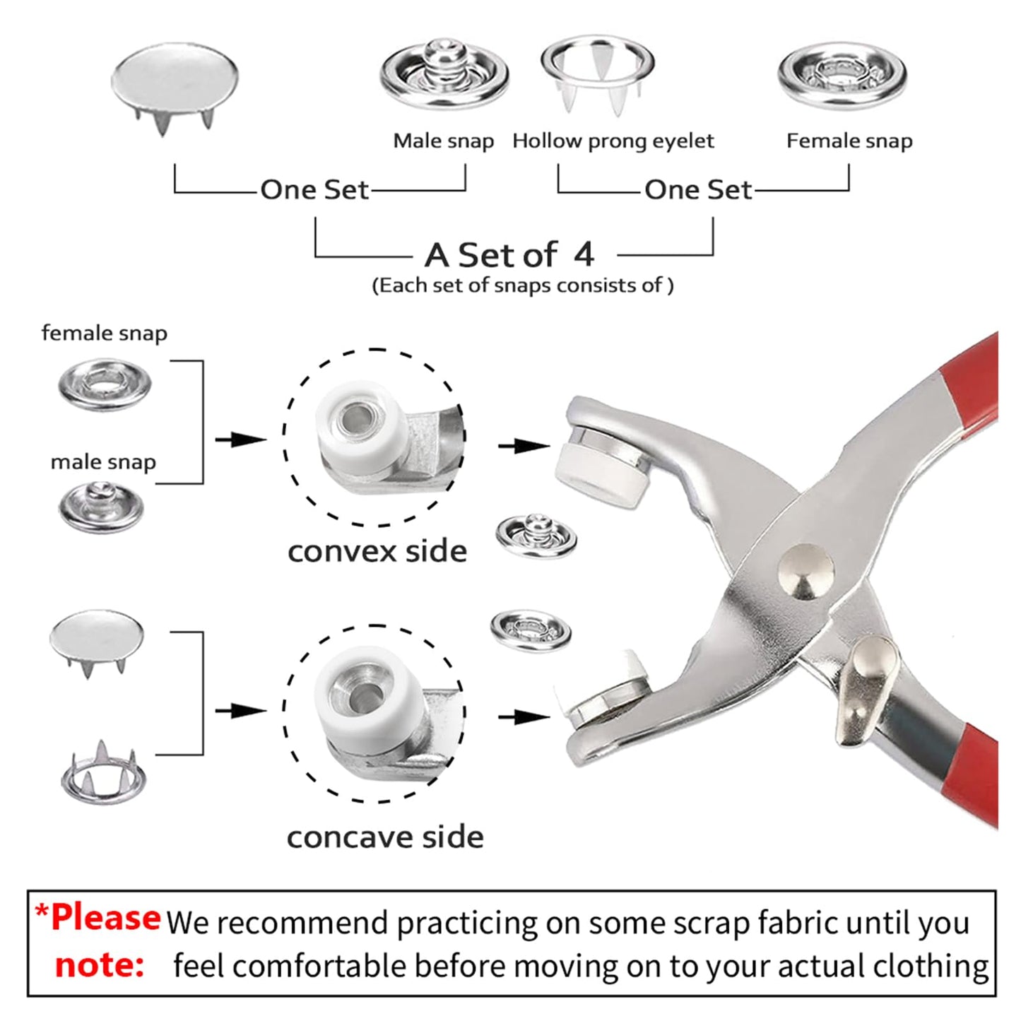 100 Sets Metal Snaps Buttons with Fastener Pliers Press Tool Kit Perfect for DIY Crafts Clothes Hats and Sewing, Snap Button Fasteners Kit for Clothing Sewing (9.5mm / 400 PCS)