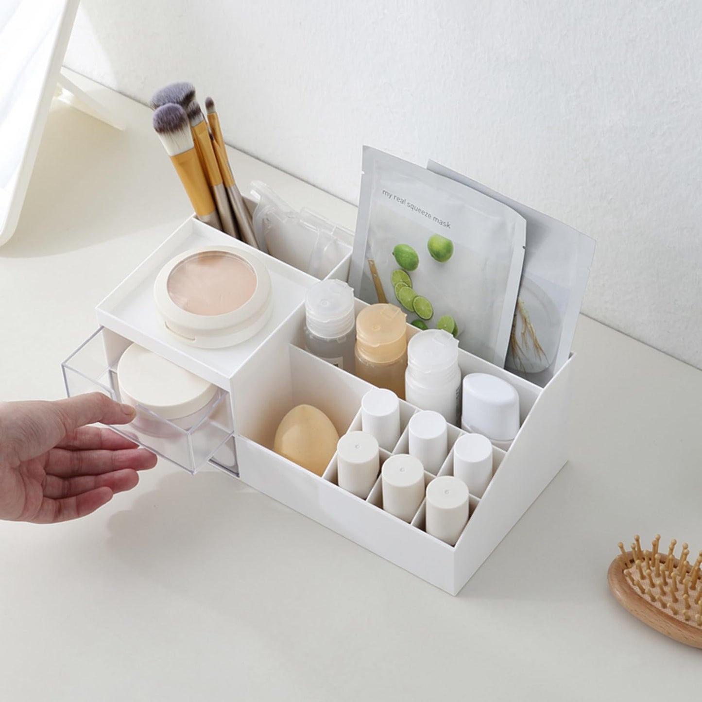 Marknor Cosmetic/Makeup Vanity Organizer Box, Mini Desk Storage for Office Supplies, Bathroom Counter or Dresser, White