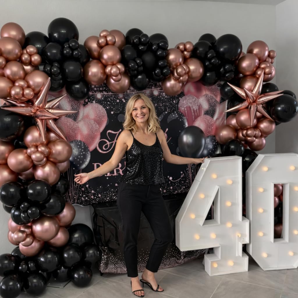 HILAVO Rose Gold and Black Balloons, 12Inch Metallic Rose Gold and Confetti Latex Balloons for Girls Women Birthday Graduation Baby Bridal Shower Party Decorations