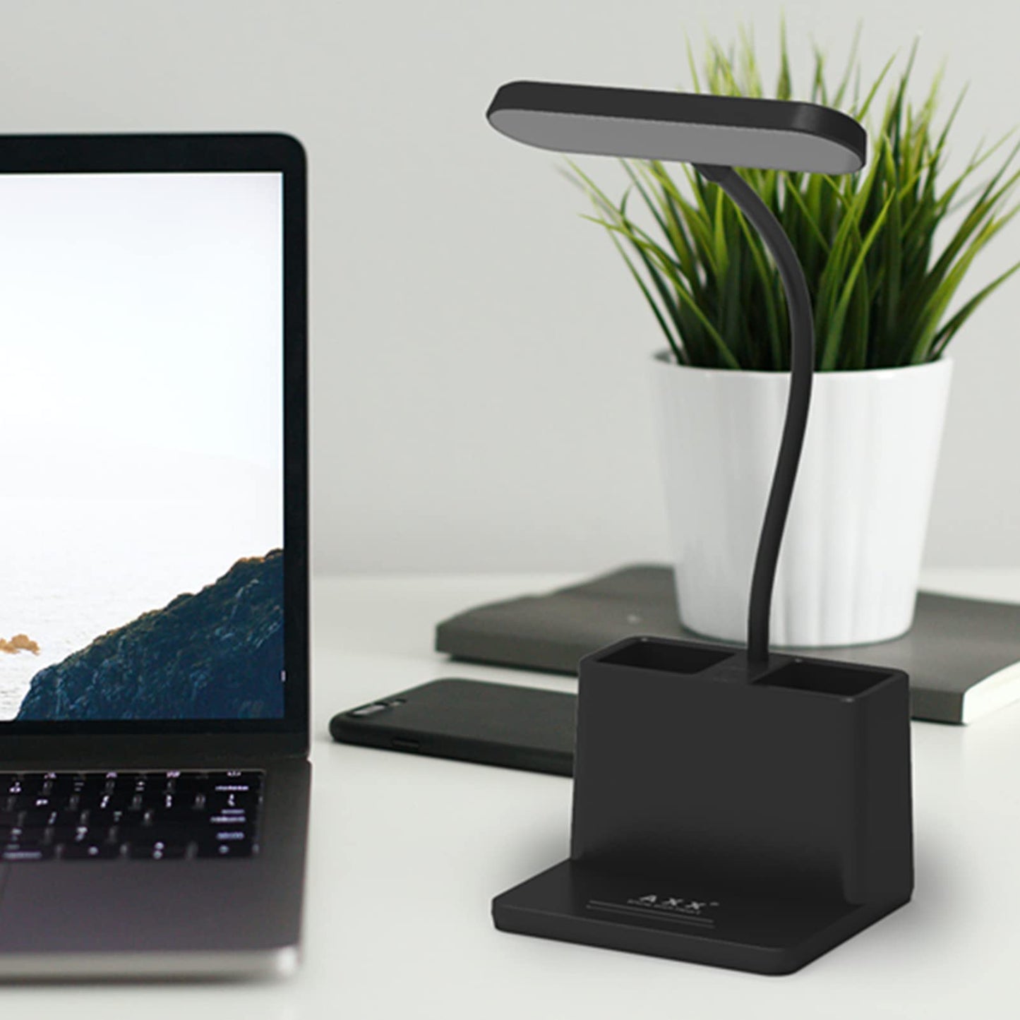 Black LED Desk Lamp for Home Office Bedroom, Battery Operated Table Light for Computer Desktop, Small, Cute, Dimmable, Rechargeable, Flexible Gooseneck, Pen Holder, Phone Mount, Touch Control