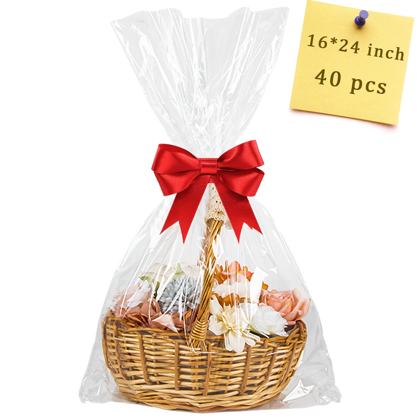 CUDICY 40pcs Cellophane Bags 16x24 Clear Cellophane Wrap for Gift Baskets Large Clear Party Favors Treat Plastic Gift Packaging for Cookie Candy Goodie