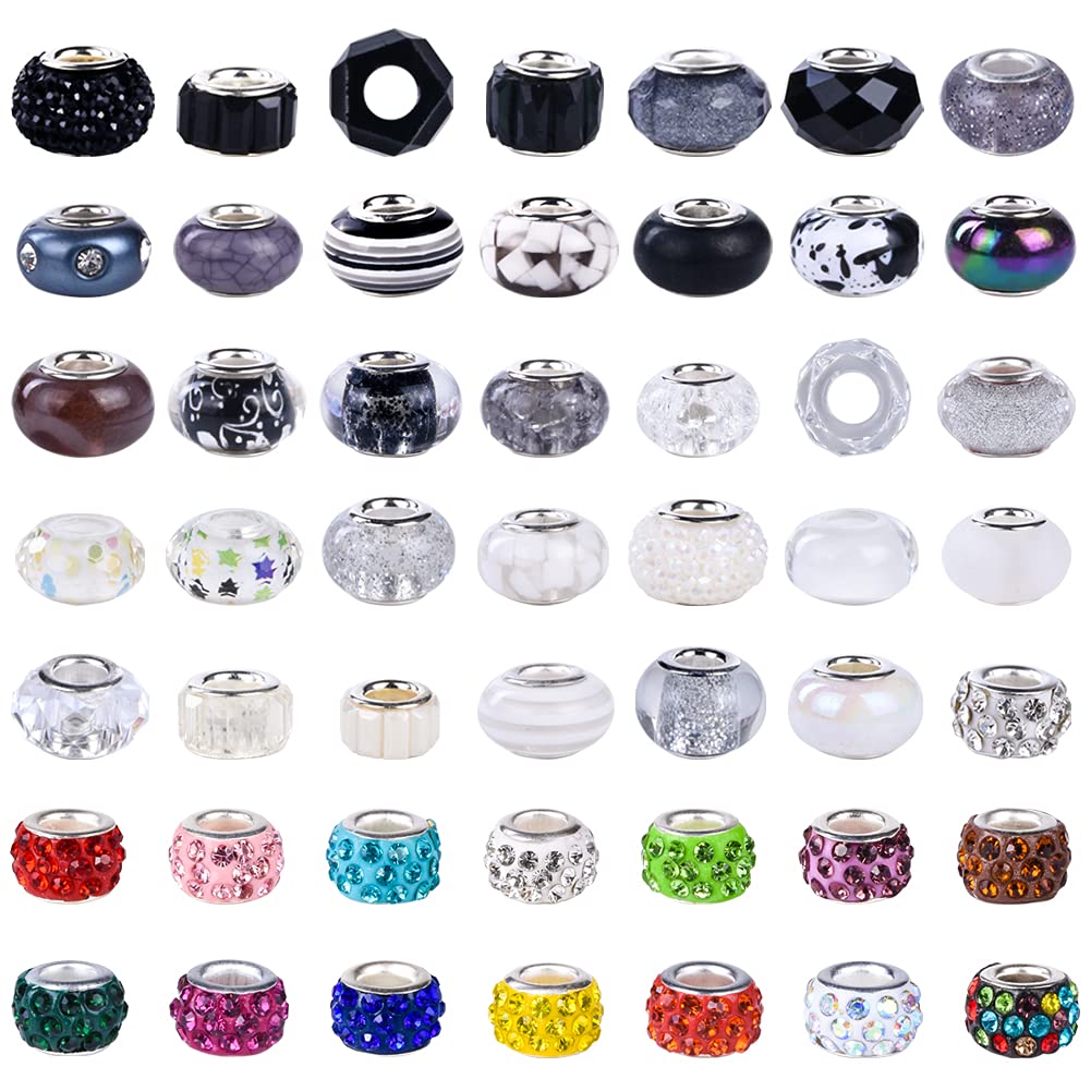 Aipridy Assortment European Large Hole Beads Spacer Beads Rhinestone Craft Beads for DIY Charms Bracelet Jewelry Making (Black-White)