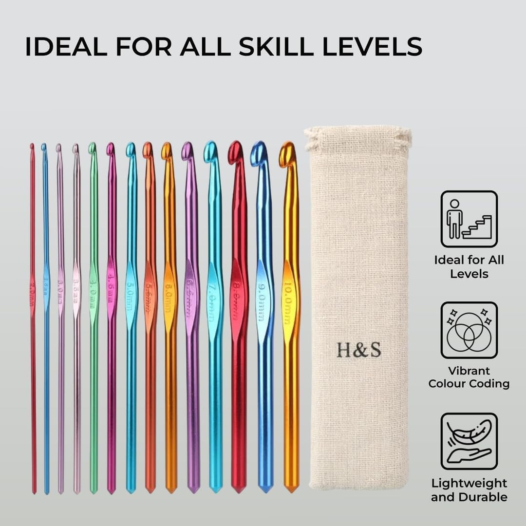 H&S Crochet Hooks Set Aluminium 14pcs Needles with Pouch Case 2mm 2.5mm 3mm 3.5mm 4mm 4.5mm 5mm 5.5mm 6mm 6.5mm 7mm 8mm 9mm 10mm