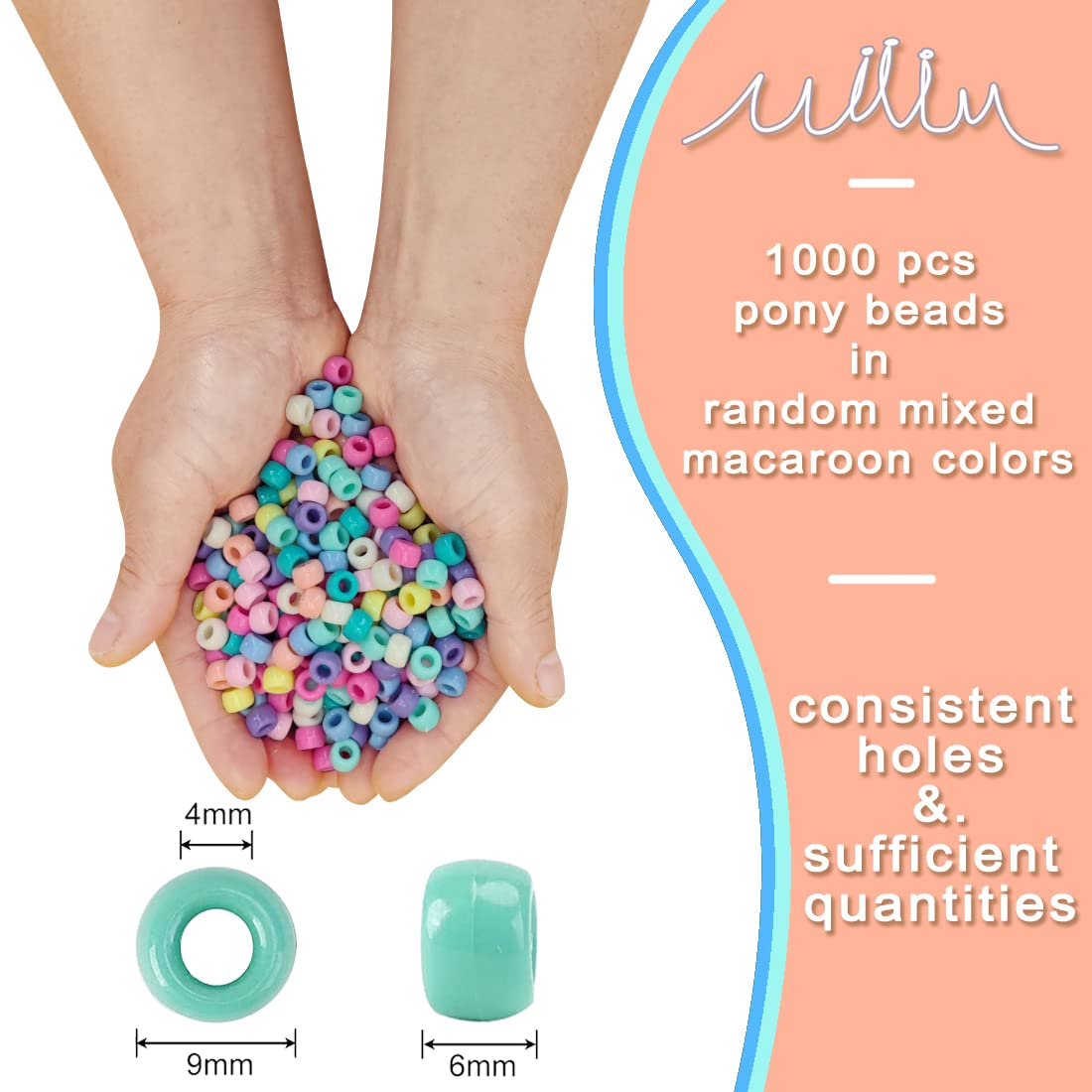 MIIIM 1000PCS 6x9mm Pony Beads Bulk, Pastel Pony Beads for Bracelets Making Kit, Kandi, Hair Braids Crafts for Jewelry Making (Macaroon)