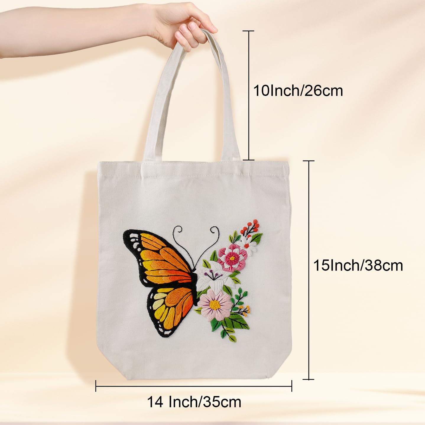 Embroidery Kit Canvas Tote Bag for Beginners,Cross Stitch Kits for Adults,DIY Needlepoint with Butterfly Floral Pattern,Women Shopping Reusable Grocery Bags