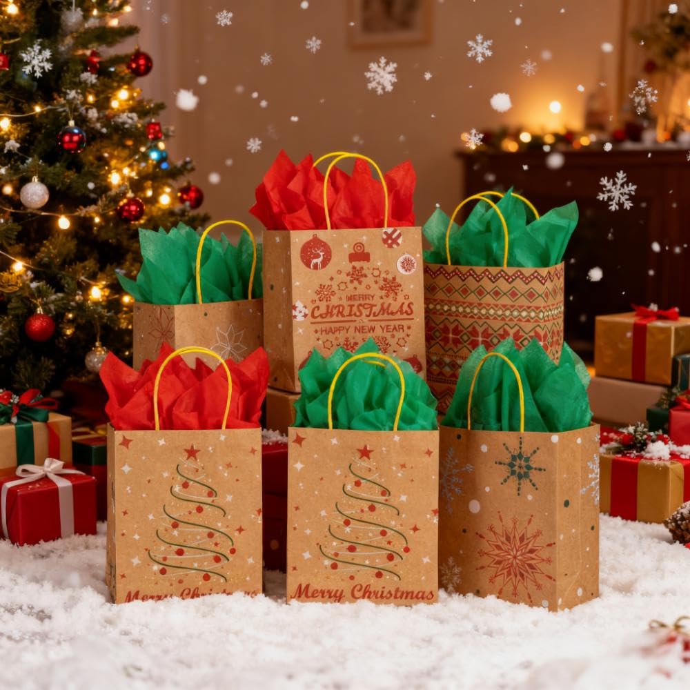 24 Christmas Kraft Gift Bags 7x 8.6 x 3 with 24 Tissue Papers for Xmas Exchange, Party Favors Paper Goodie Bags, Assorted Christmas Bags, Treat Bags