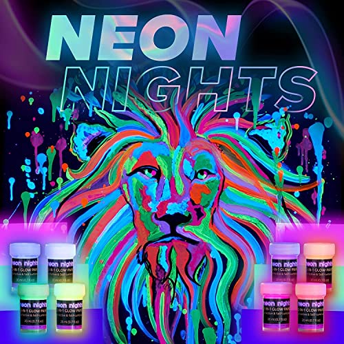 neon nights 2-IN-1 Glow In The Dark Acrylic Paint Set Glows in the Dark & under UV Blacklight - Set of 8 Self-Luminous Neon Paints for Halloween - German Premium Quality - 8 x 20 ml /