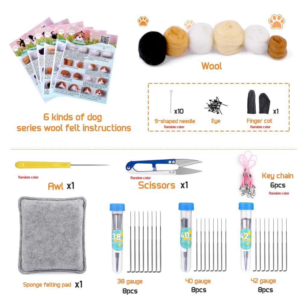 Needle Felt Starter Kit, Needle Felting Kit, Needle Felt Supplies, Wool Felt (Includes Keychain), Needle Felt Pads, Felt Needles, DIY Craft Animal Decor Scissors for Gifts, and Instructions