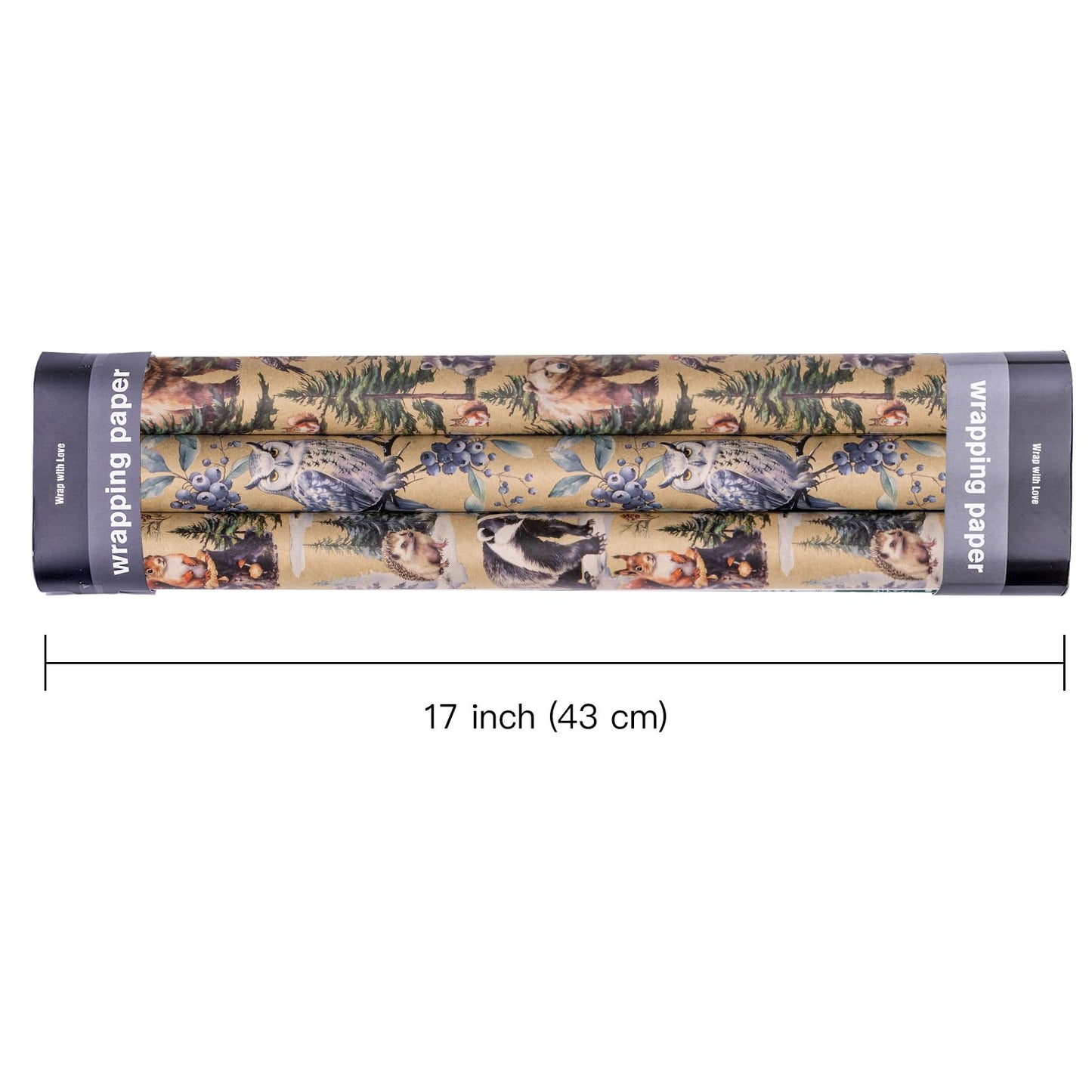 Kraft Christmas Wrapping Paper Roll - Mini Roll - 3 Rolls - 17 Inch x 120 Inch Per Roll - Wild Animals Winterfall Watercolor Holiday Collection