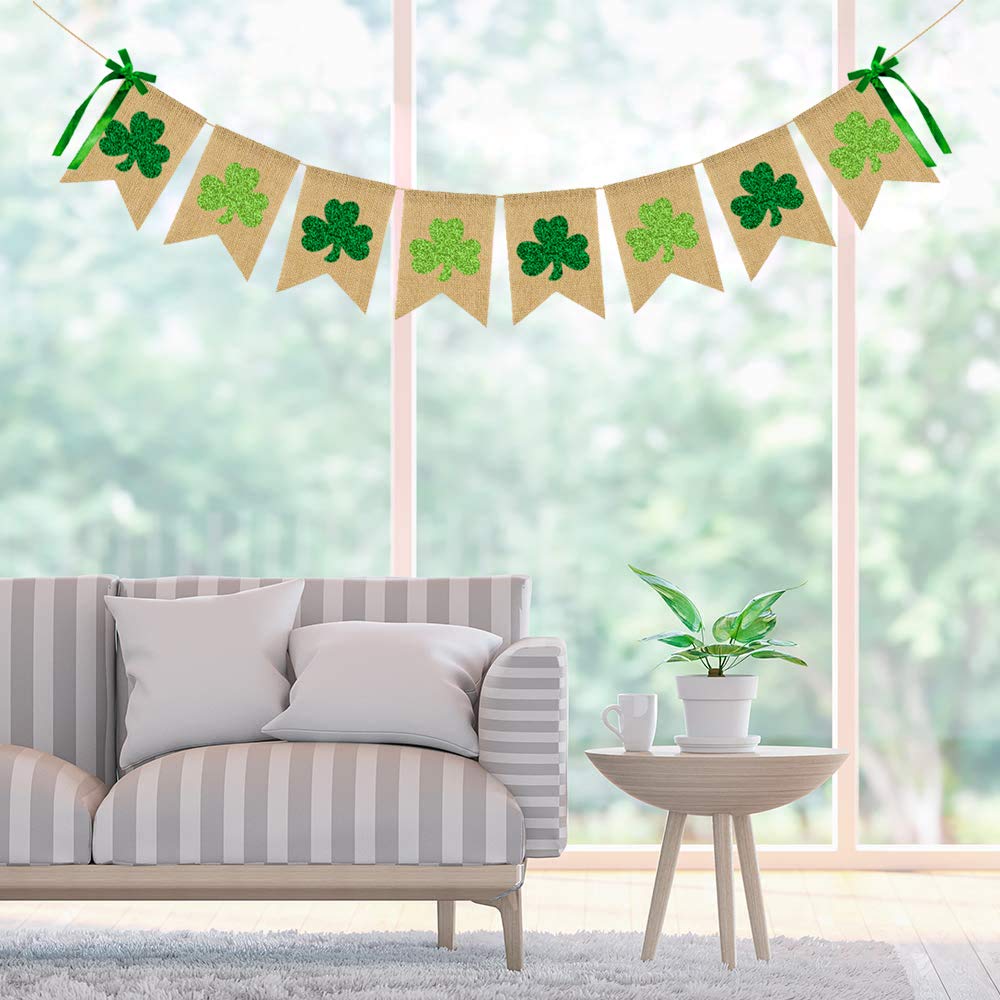 Glittery Shamrock Burlap Banner St. Patrick's Day Green Shamrock Clover Banner Garland with Bows Saint Patrick's Day Party Decorations for Irish Lucky Day St. Patty’s Day Home Outdoor Decor