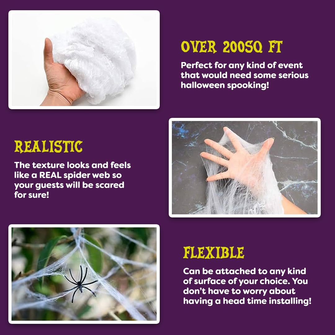 Halloween Spider Web, Spooky 200 sq. ft. Cobweb Halloween Party Decorations, Spider Webs, Spider Web Decoration, Spider Webs Halloween Decorations, Spider Webs & Fake Spiders for Halloween Decorations