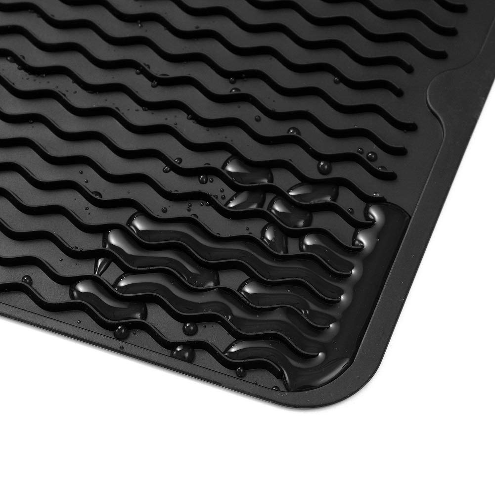 Silicone Dish Drying Mat for Multiple Usage,Easy clean,Eco-friendly,Heat-resistant Silicone Mat for Kitchen Counter or Sink,Refrigerator or drawer liner Black L 16 inches x 12 inches