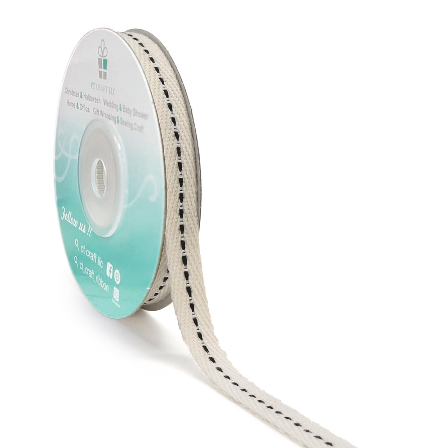 CT CRAFT LLC Ivory Cotton Black Stitched Ribbon 3/8" x 10 Yards for Home Décor Gift Present Wrapping DIY Crafts Birthday Wedding Bouquet Christmas