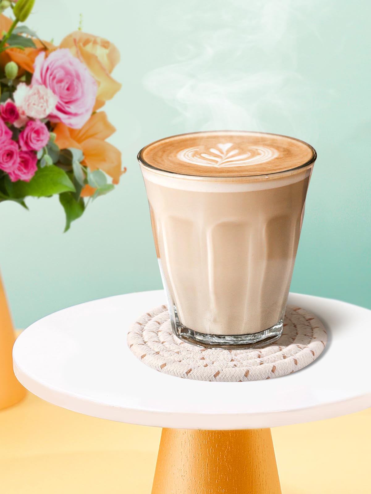 Handmade Woven Drink Coasters, 8 Pcs BOHO Coasters for Home Decor, Absorbent Farmhouse Cotton Table Coasters for Kinds of Cups New House Gift (4.3in, Yellow/Brown/White)