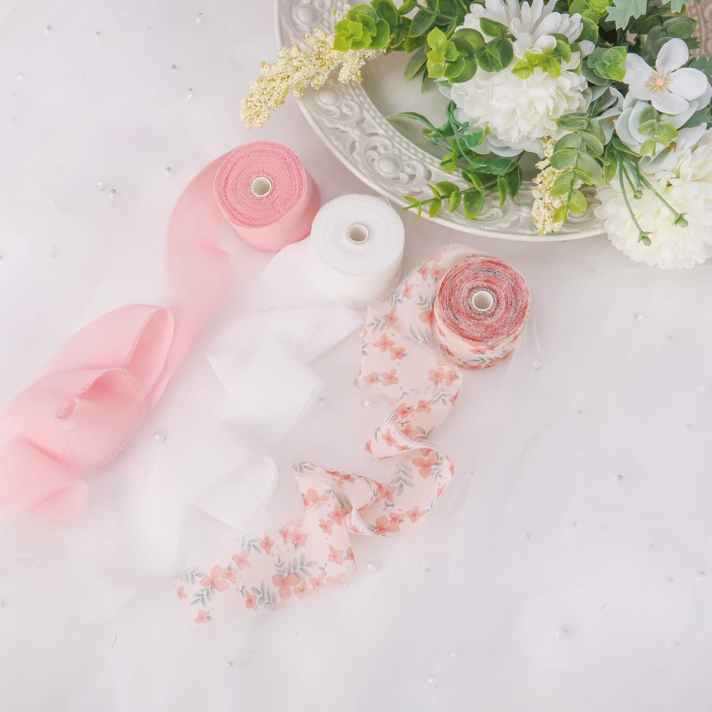 Handmade Fringe Floral Silk Chiffon Ribbons 1.5" x 7 Yards, 3 Rolls 21 Yards Pink Floral Ribbons Set for Wedding Invitations, Bridal Bouquets, Gifts Wrapping, DIY Crafts Decoration