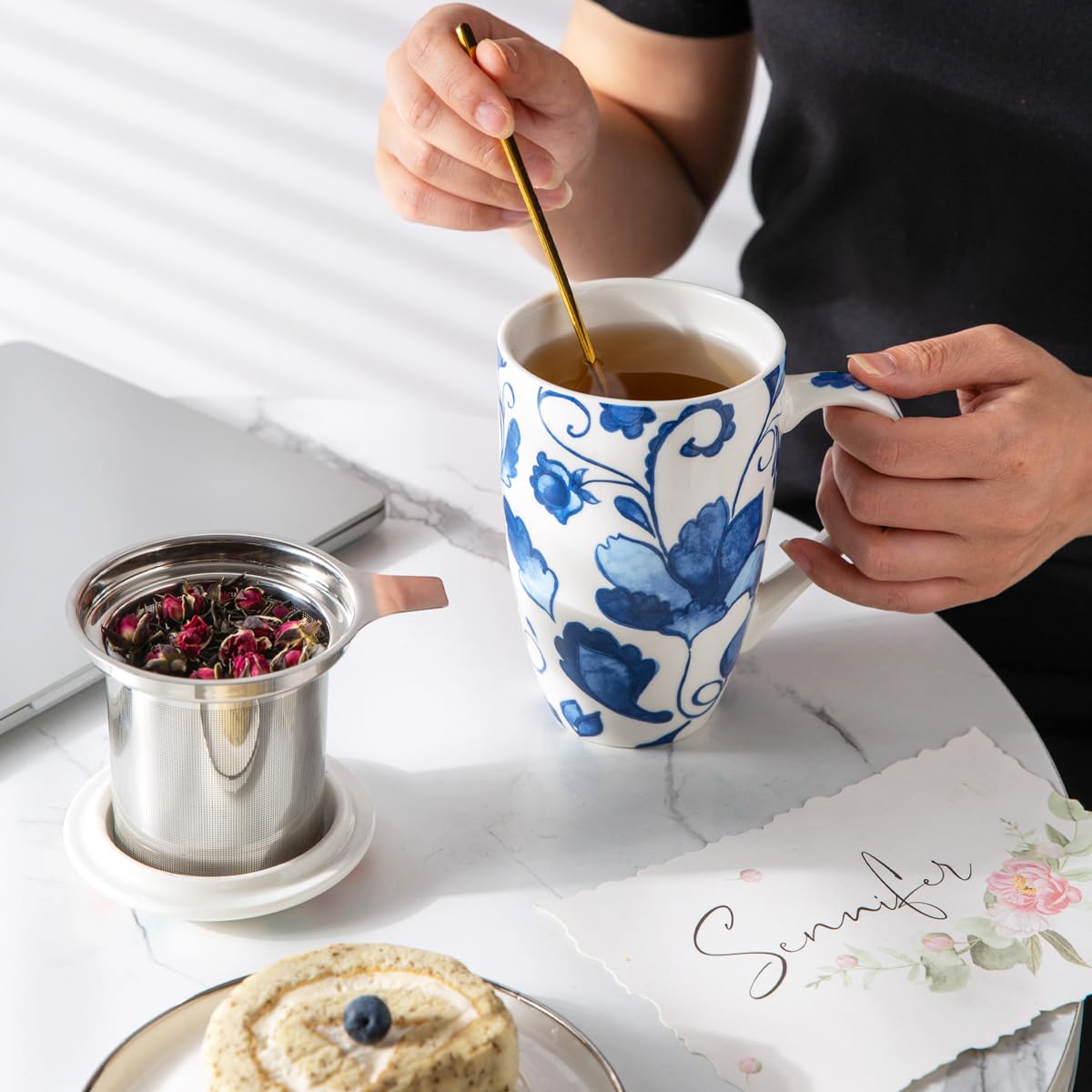 Tea Mug with Infuser and Lid, 18 Ounce Large Ceramic Loose Leaf Cup, Microwave, Dishwasher Safe, Perfect for Tea Lovers