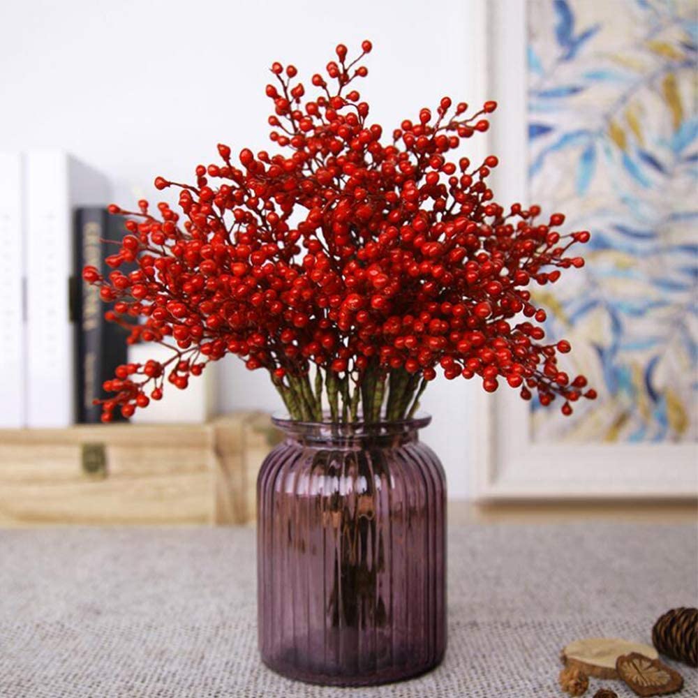 GREENTIME 16 Pack Artificial Red Berry Stems Holly for Christmas Tree Decorations for New Year's Eve Decor, Holiday and Home Crafts for Fall Thanksgiving Day
