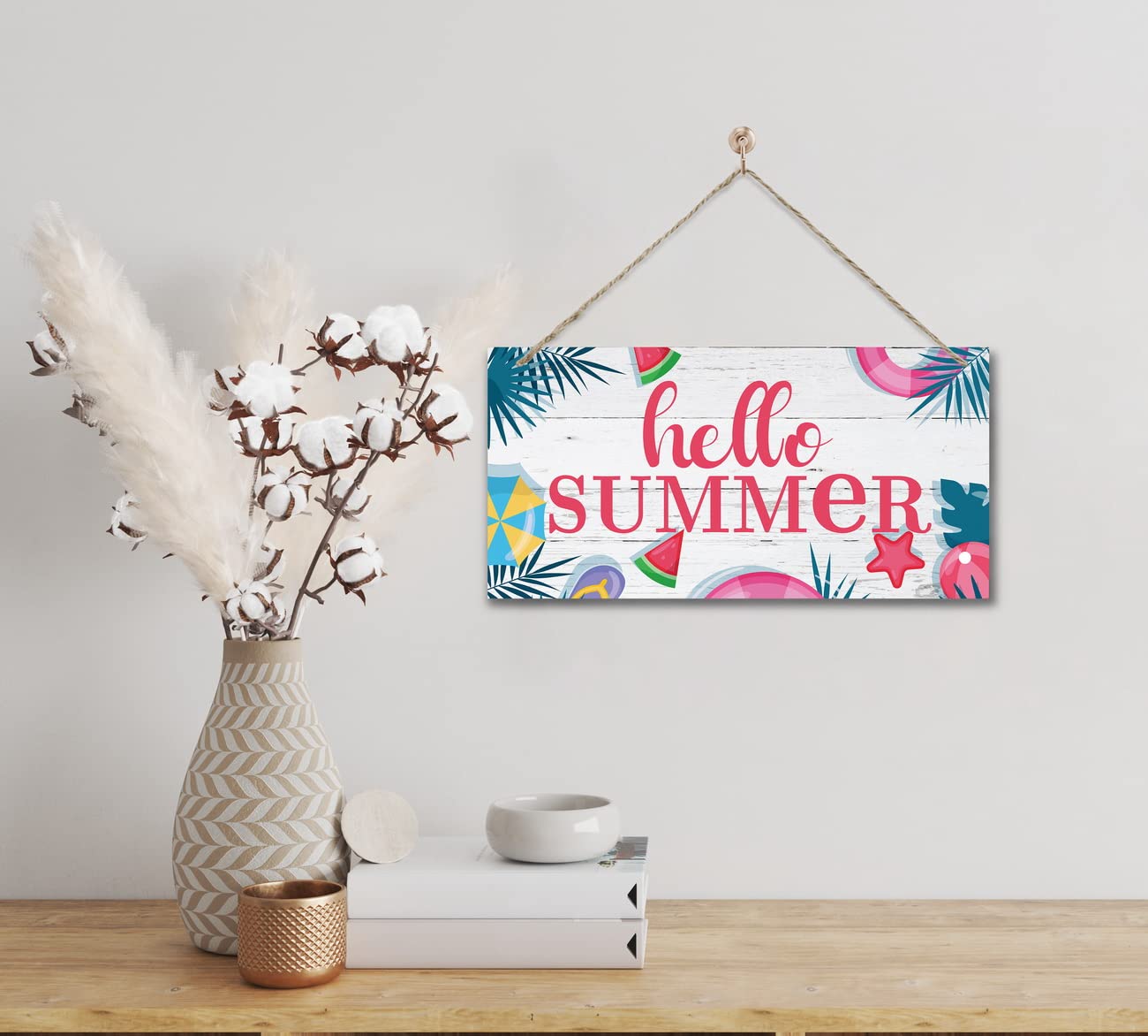 Hello Summer Wood Wall Sign, Hanging Wood Sign Home Décor, Rustic Summer Sign, Welcome Front Door Sign, Decorative Wood Wall Sign, Rustic Home Plaque Decor, Farmhouse Greenery Wood Sign