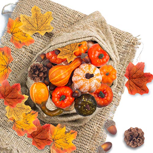 DomeStar 50 PCS Thanksgiving Artificial Pumpkins and Gourds Set, 8 PCS Fake Pumpkins, 12 PCS Pinecones and Acorns, 30 PCS Fake Maple Leaves Fall Wedding Tables Centerpieces
