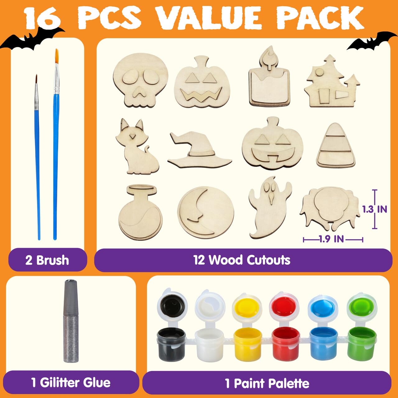 12 Pcs Halloween Wood Craft Kit, Wooden Magnet Creativity Arts Painting Kit, DIY Halloween Painting Craft for Kids Party Supplies, Toddler Party Favors Family School Activities