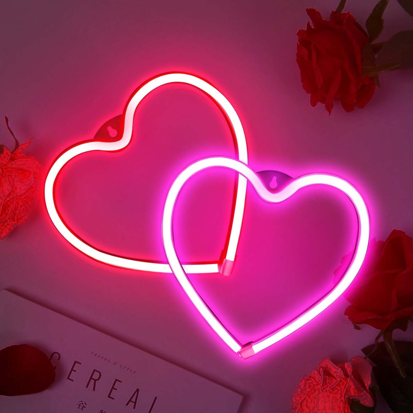 2 Pack Heart Neon Sign LED Neon Lights for Wall Window Decor Valentine's Girl Room Wedding Party Dorm(Pink,Red)