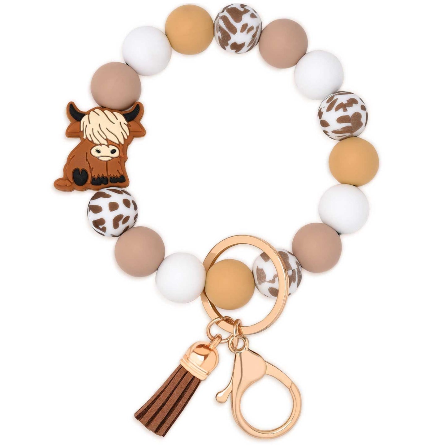 BAOSIWA Christmas Highland Cow Keychain Gifts for Women, Silicone Beaded Keychain Wristlet Key Ring Bracelet Cute Animal Car Key Chain Holder with Leather Tassel