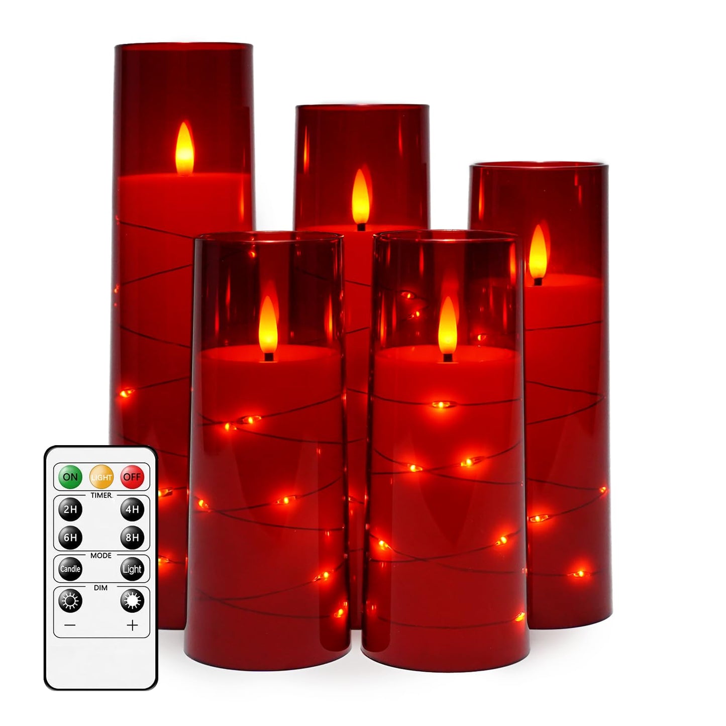 Flameless LED Candles with Timer 5 Pc Flickering Flameless Candles for Romantic Ambiance and Home Decoration Stable Acrylic Shell,with Embedded Star String，Battery Operated Candles（Red）