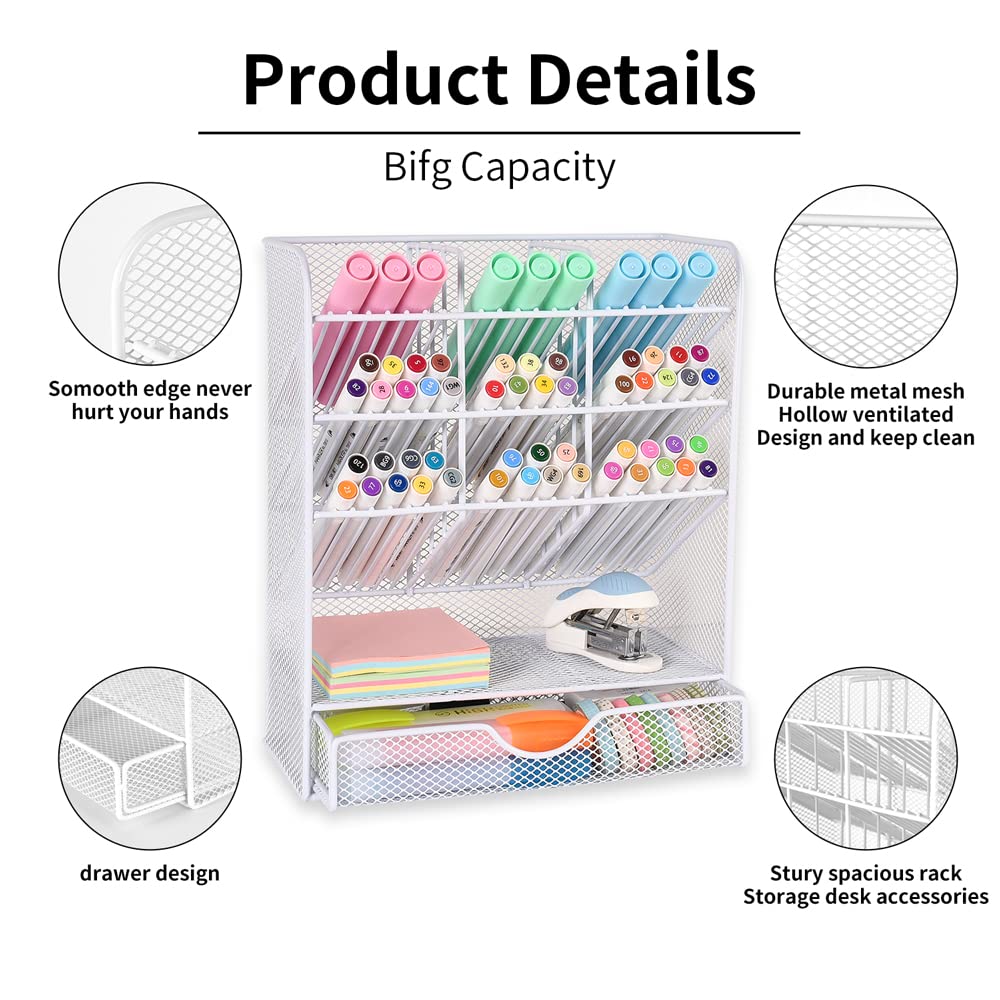 Spacrea Pen Holder Desk Organizer - Desk Organizers and Accessories, Pencil Holder with 10 Compartments and 1 Drawer（White）