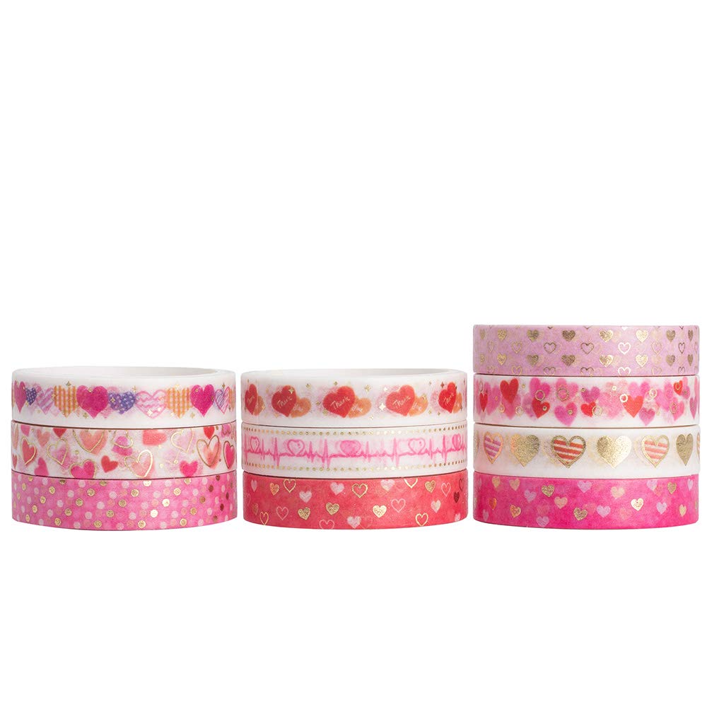 10 Rolls Sparkling Washi Tape Set 8mm Skinny Gold Foil Decorative Masking Washi Tapes for Journal,Scrapbook, Planner, DIY Crafts (Sweety Hearts)