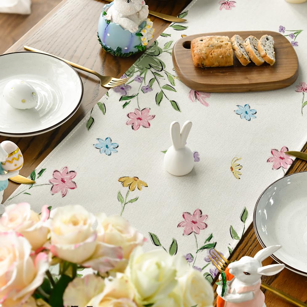 Bunny Rabbits Eggs He is Risen Easter Table Runner, Seasonal Spring Kitchen Dining Table Decoration for Home Party Decor 13x72 Inch