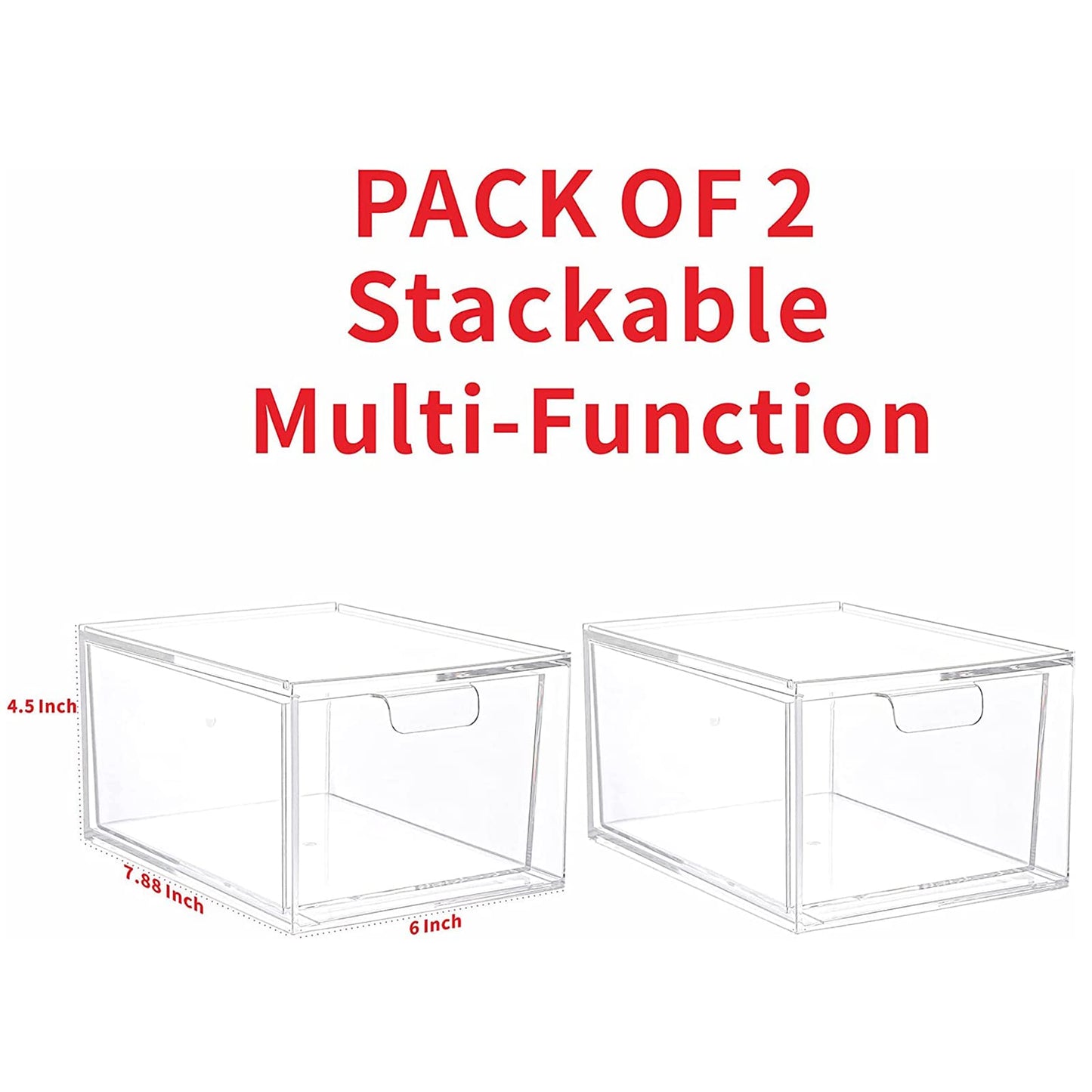 Yieach 2 Pack Stackable Makeup Organizer Storage Drawers 4.5'' Tall Acrylic Cosmetic Display Case Clear Bathroom Plastic Storage Bins For Vanity,Under Cabinets,Pantry Organization and Storage