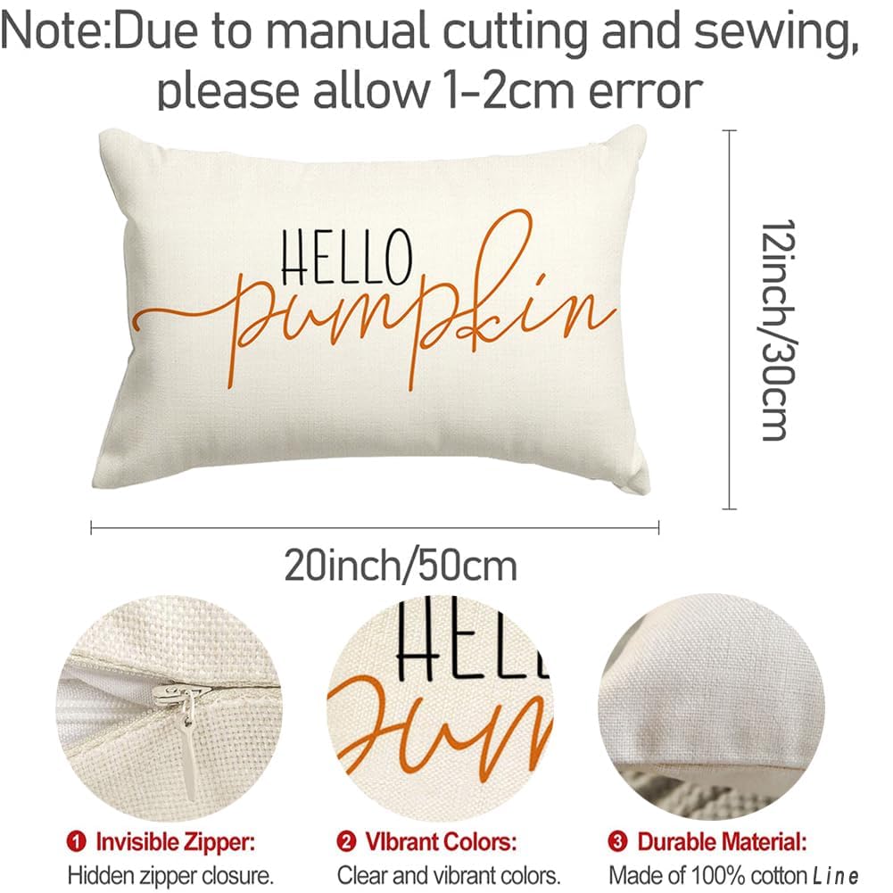 Fall Pillow Covers 12x20 Inch,Autumn Hello Pumpkin Pillows Decorative Throw Pillows,Lumbar Outdoor Thanksgiving Cushion Cover Farmhosue Fall Decor for Bedroom Couch Sofa White