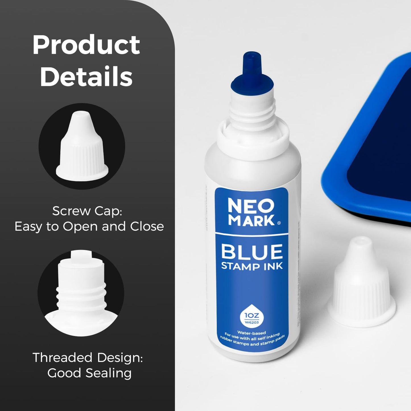 NEO MARK Premium Stamp Ink, Quick-Drying and AP-Certified Non-Toxic Refill Ink for Self-Inking Stamps, Date Stamps and Stamp Pads(Blue, 1oz)