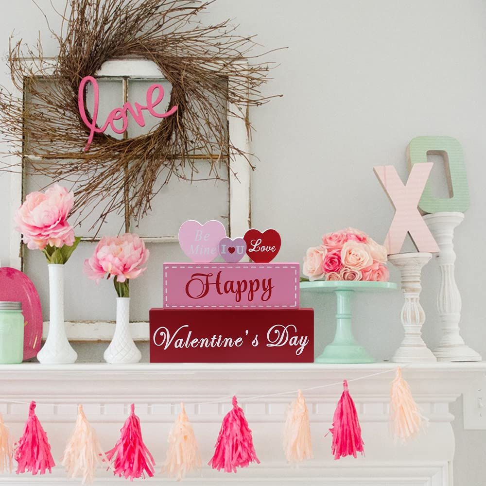 Valentines Day Decor, 3-Layered Pink Red Heart Wood Block Set Valentines Day Decoration, Happy Valentine's Day Sign Valentines Day Decorations for The Home, Living Room, Mantle, Dining Table