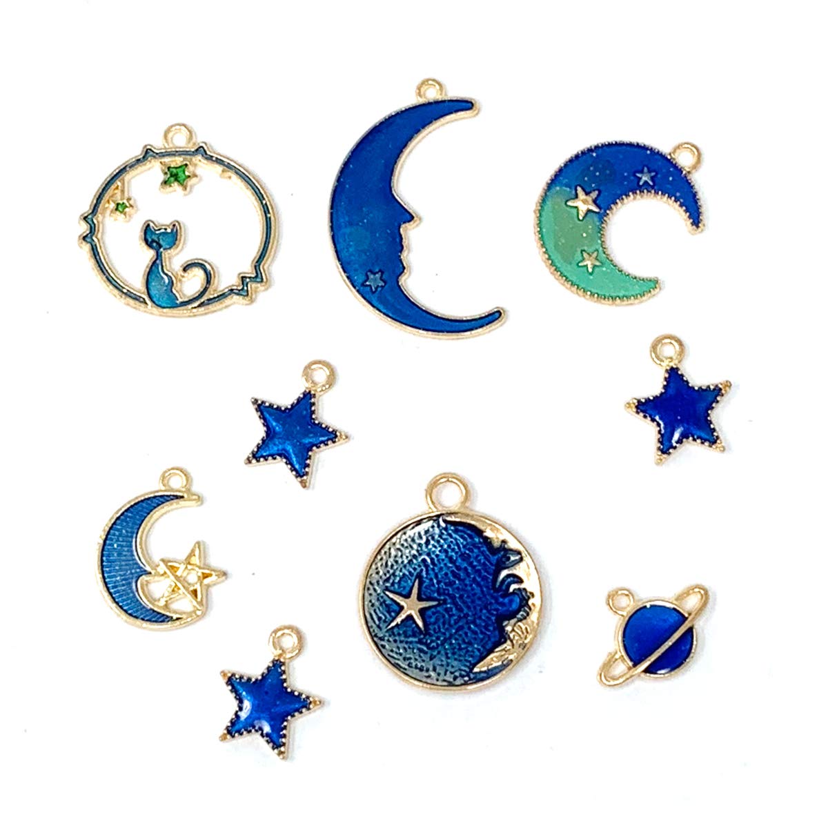 JIALEEY Assorted Gold Plated Enamel Cat Moon Star Celestial Charm Pendant DIY for Earrings Necklace Bracelet Jewelry Making and Crafting