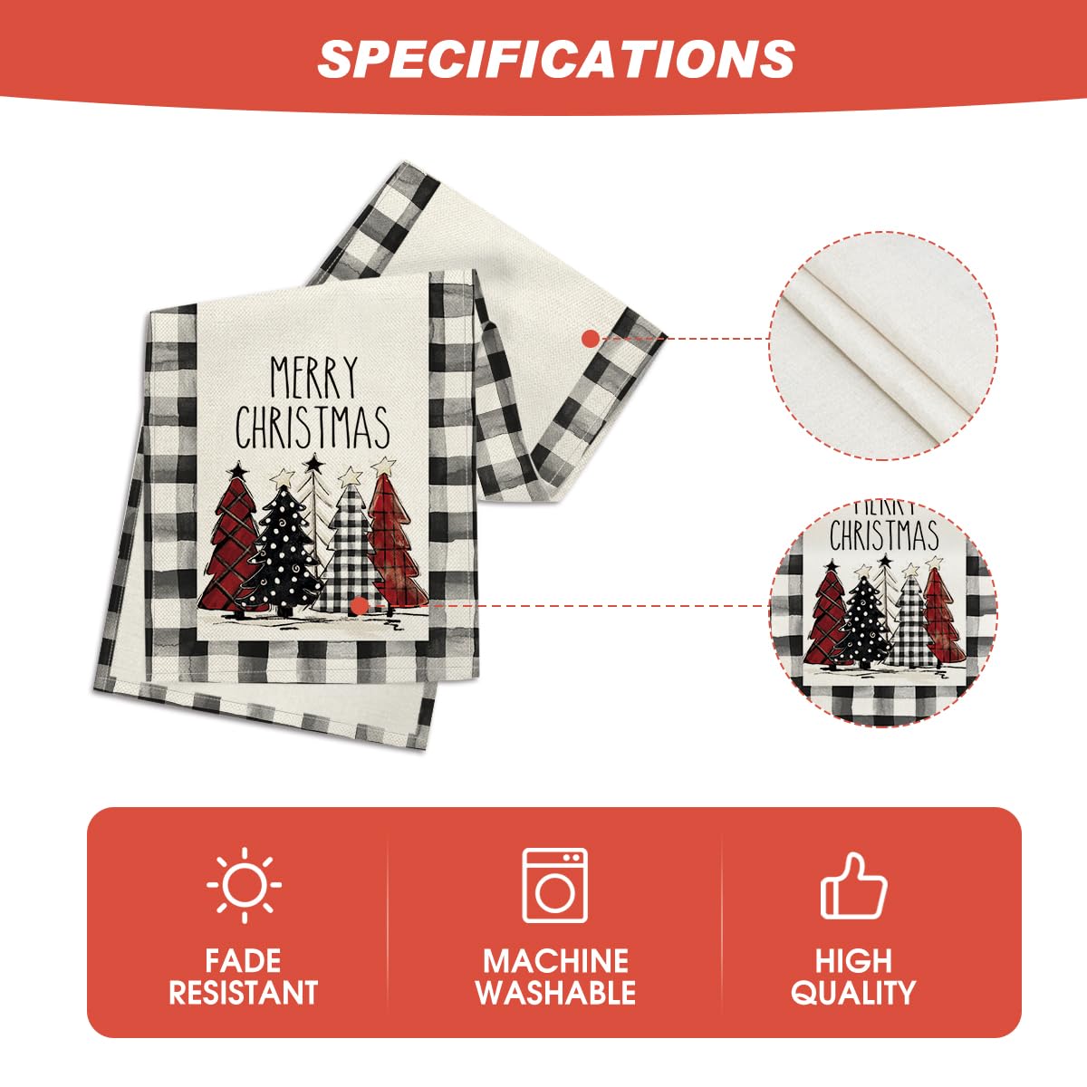 Waterclor Buffalo Plaid Christmas Trees Merry Xmas Table Runner, Seasonal Winter Holiday Kitchen Dining Table Decoration for Indoor Outdoor Home Party Decor 13 x 36 Inch